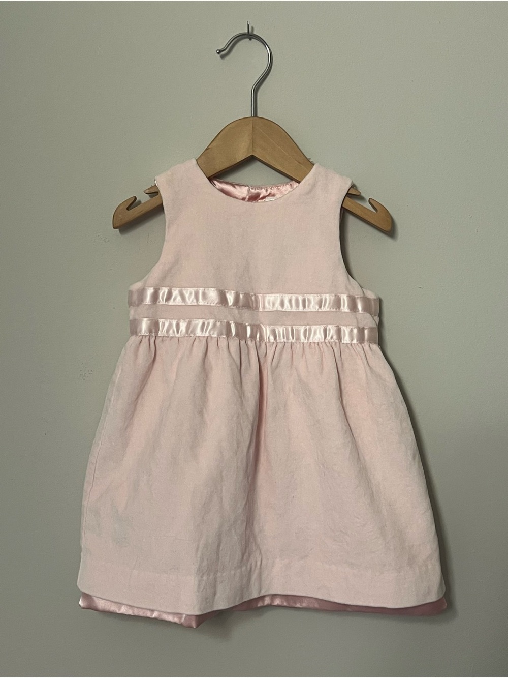 Vintage Baby GAP Pink Velour Party Dress Satin Trim Lined 6-12M